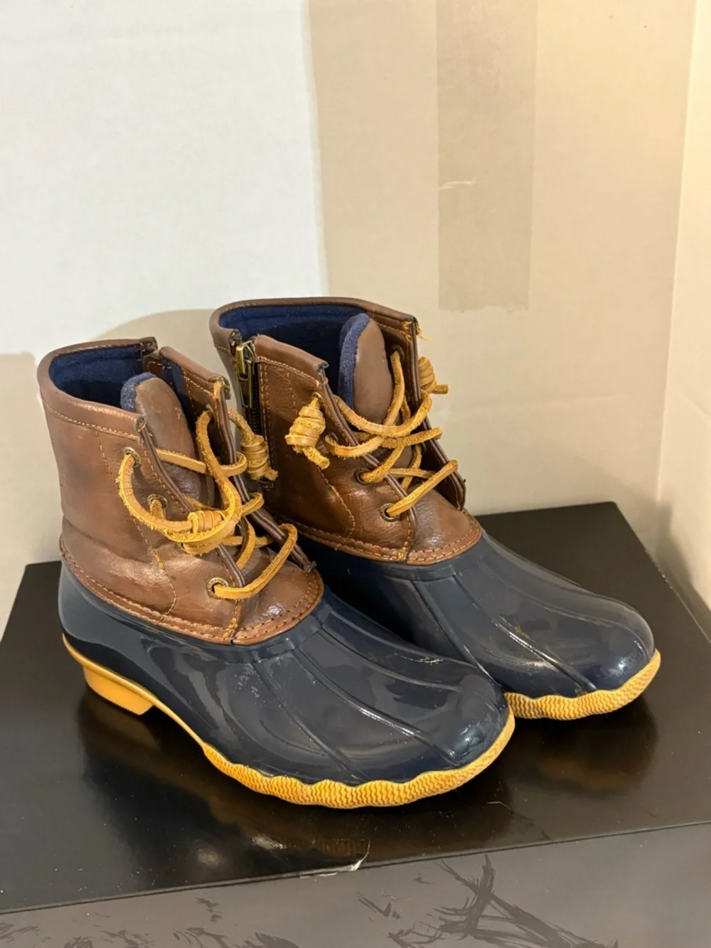 Sperry Kids' girls SZ‎ 1 Saltwater Duck Boots rain boots navy brown weather